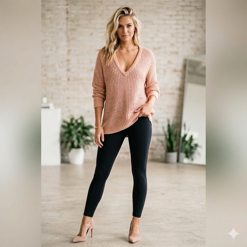 Blush Pink V-Neck Chunky Knit Long Sweater